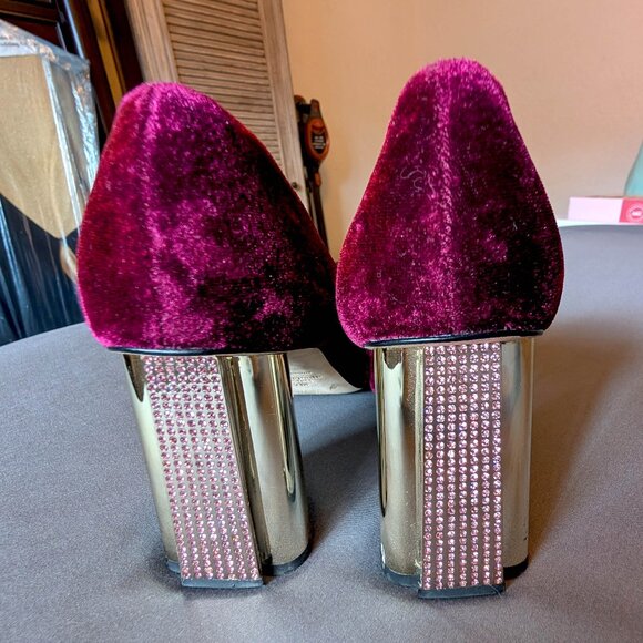 Kate Spade Sybil Burgundy Velvet Pumps with Rhinestone Block Heels Vero Cuoio - Picture 4 of 14